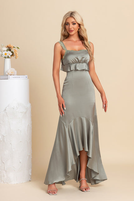 Robe Asymétrique Satinée Sage - gallery 3