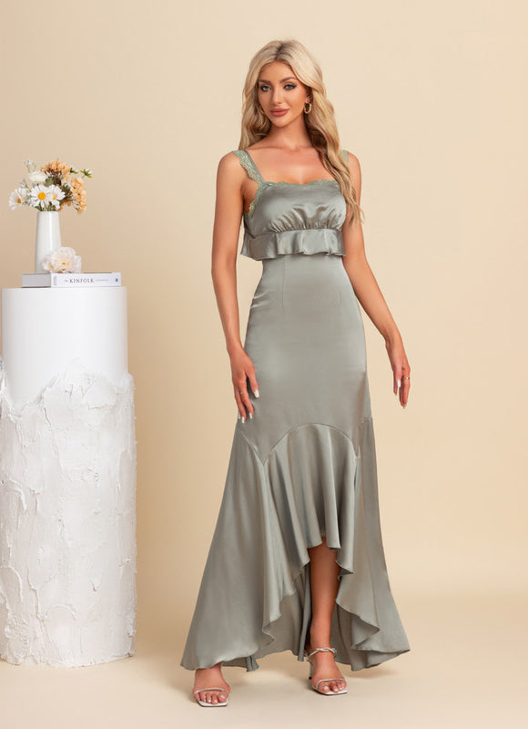 Robe Asymétrique Satinée Sage - gallery 3