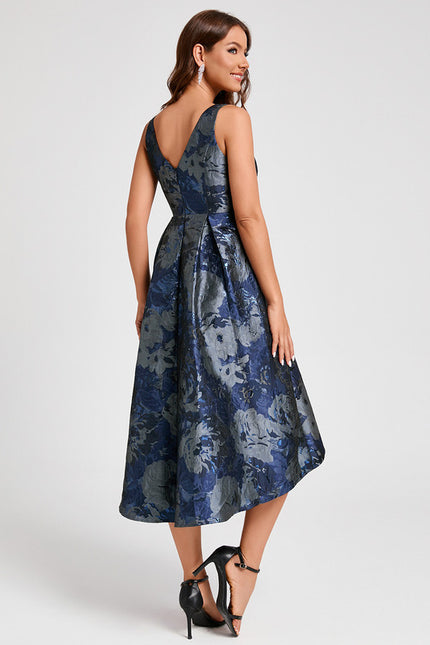 Robe Asymétrique Florale Satinée Bleu - gallery 5