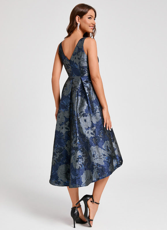 Robe Asymétrique Florale Satinée Bleu - gallery 5