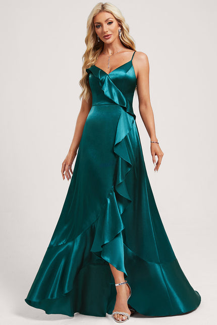 Robe Asymétrique Satin Bleu Volants - gallery 1