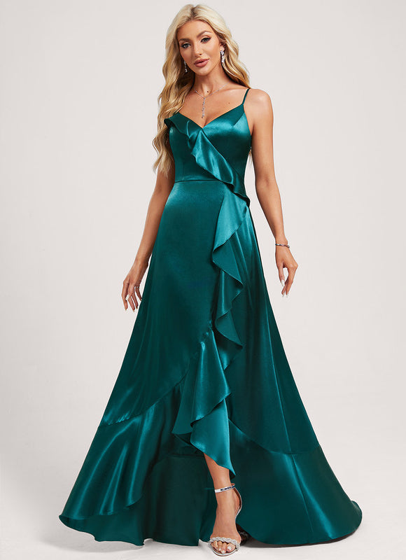 Robe Asymétrique Satin Bleu Volants - gallery 1