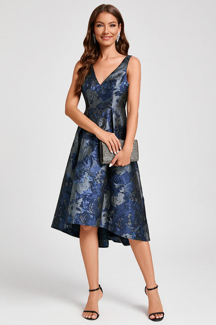 Robe Asymétrique Florale Satinée Bleu - gallery 1