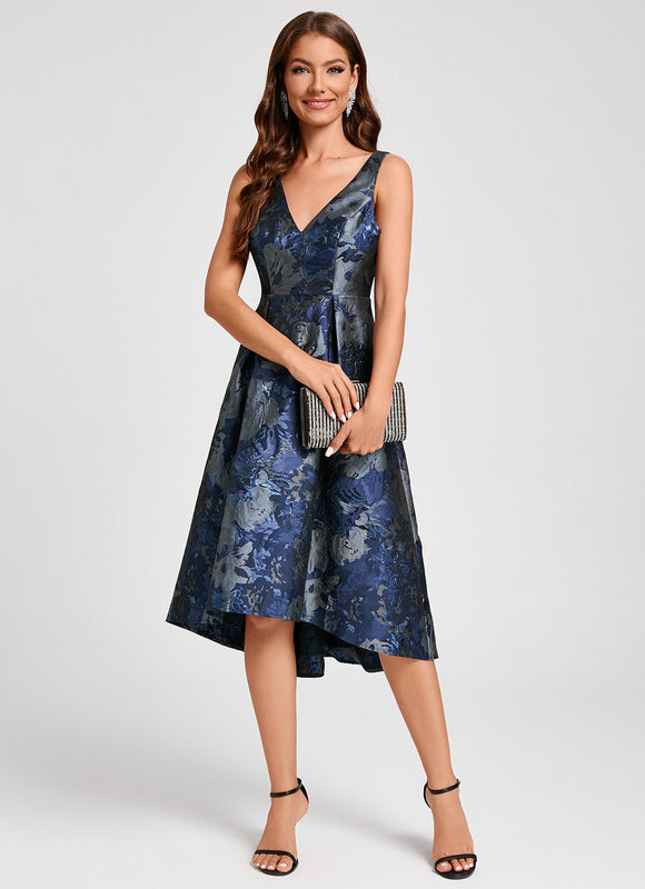 Robe Asymétrique Florale Satinée Bleu - gallery 1