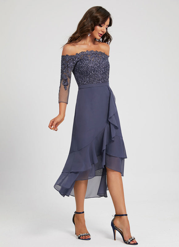 Robe Asymétrique Ondulée Marine - gallery 2