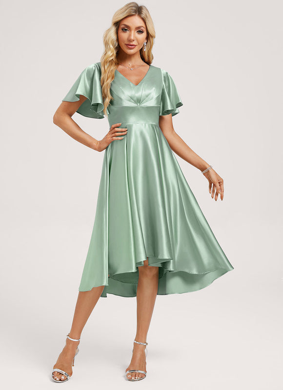Robe Asymétrique Satin Bleu Volants - gallery 1