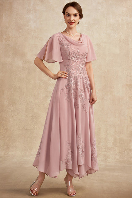Robe Asymétrique Fluide Rose Brodée - gallery 4