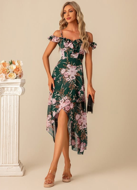 Robe Asymétrique Florale Verte - gallery 2