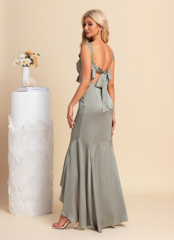 Robe Asymétrique Satinée Sage - gallery 2