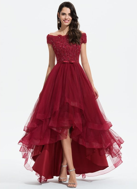 Robe Asymétrique Festonnée Bordeaux
