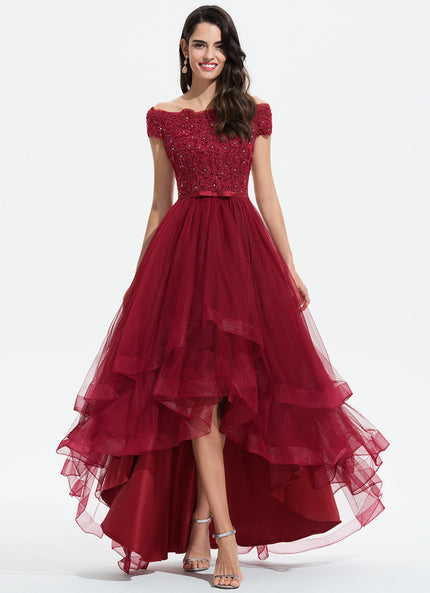 Robe Asymétrique Tulle Volants Bordeaux