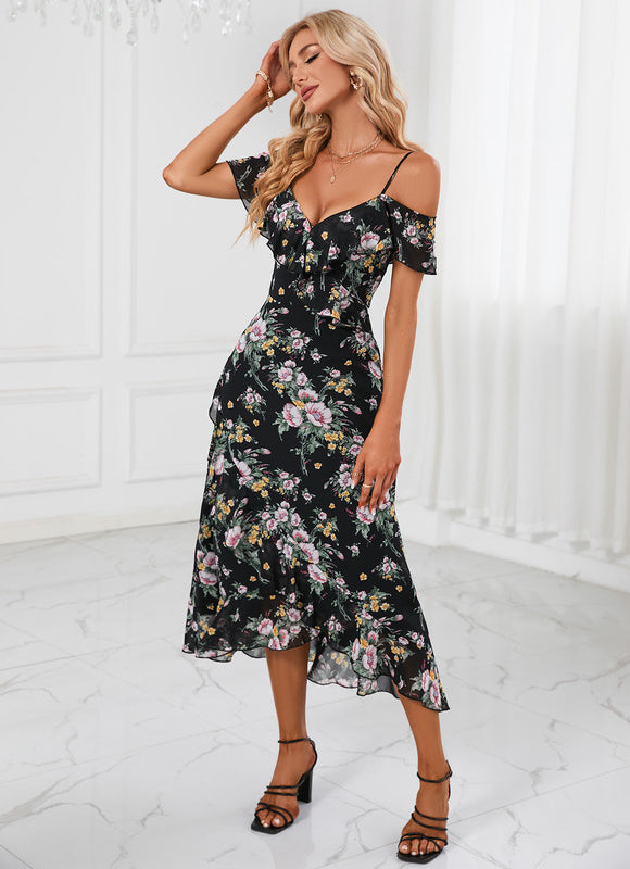 Robe Asymétrique Noire Fleuri - gallery 4