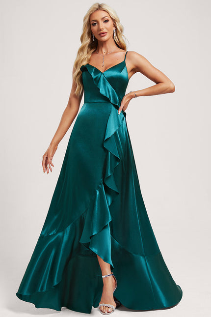 Robe Asymétrique Satin Bleu Volants