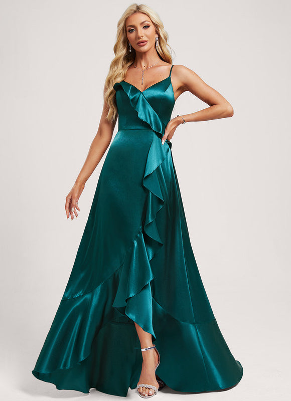 Robe Asymétrique Satin Bleu Volants