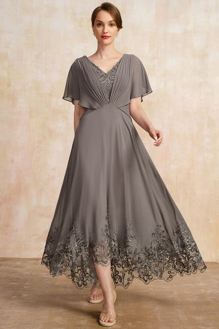 Robe Asymétrique Mère Mariée Dentelle Bleu - gallery 4