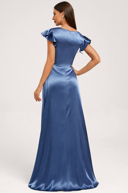 Robe Asymétrique Satin Bleu Volants - gallery 2