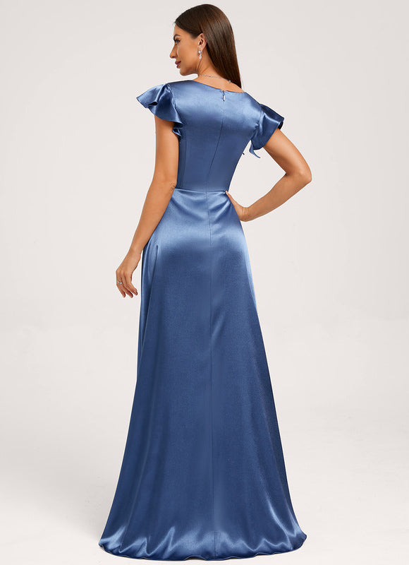 Robe Asymétrique Satin Bleu Volants - gallery 2