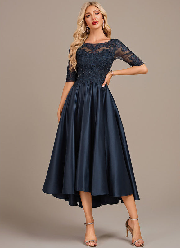 Robe Asymétrique Élégante Dentelle Satin - gallery 2
