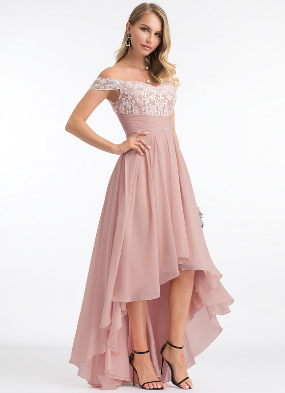 Robe Asymétrique Dentelle Rose - gallery 6