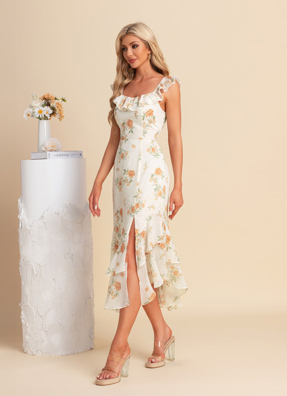 Robe Asymétrique Créme À Volants - gallery 5