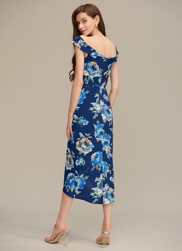 Robe Asymétrique Florale Marine - gallery 1
