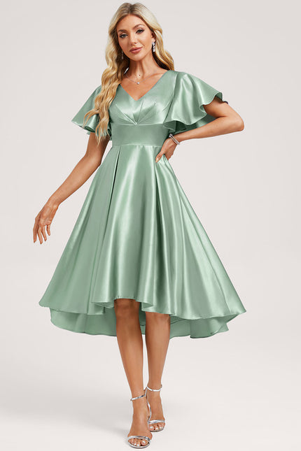 Robe Asymétrique Satin Bleu Volants