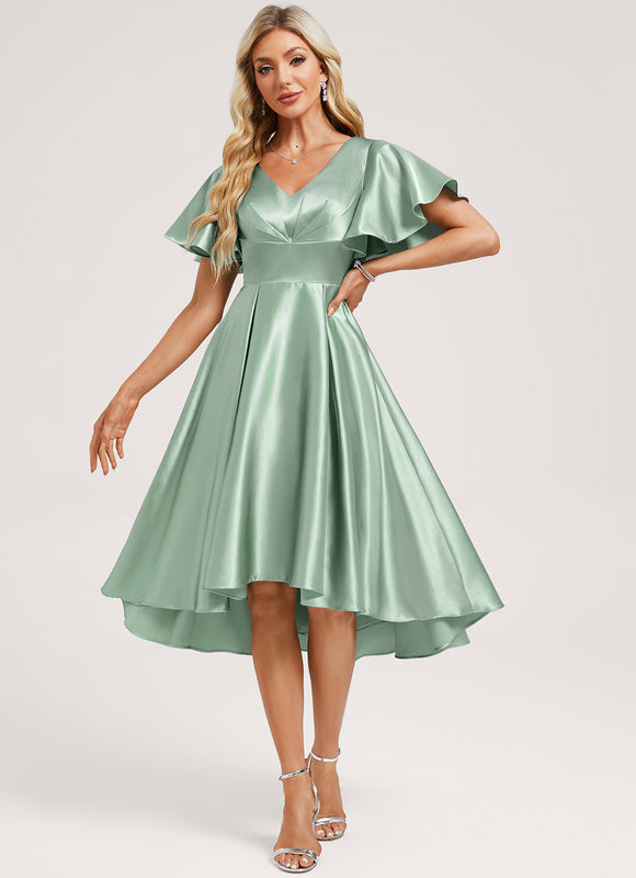 Robe Asymétrique Satin Bleu Volants