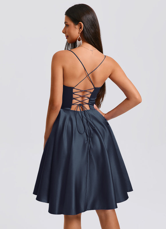 Robe Asymétrique Satin Bleue - gallery 2