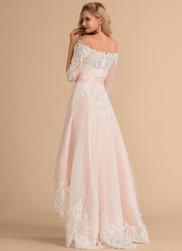 Robe Asymétrique Dentelle Rose Pâle - gallery 6