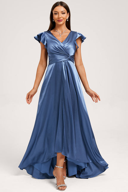 Robe Asymétrique Satin Bleu Volants - gallery 4