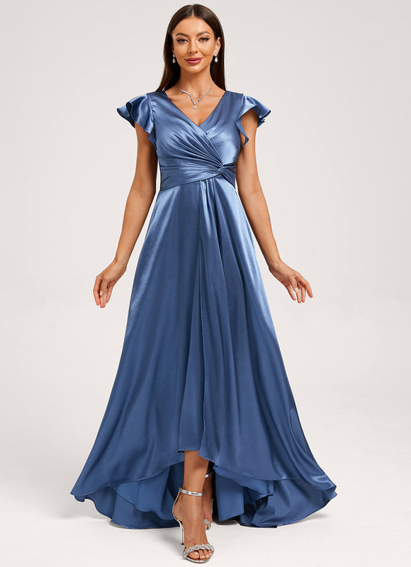 Robe Asymétrique Satin Bleu Volants - gallery 4