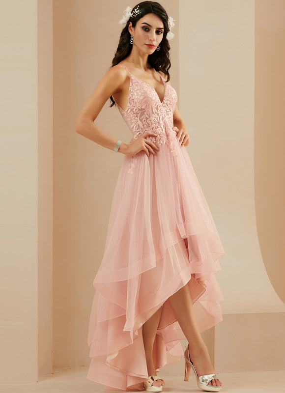 Robe Asymétrique Floue Rose Élégante - gallery 3