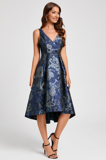 Robe Asymétrique Florale Satinée Bleu - gallery 3