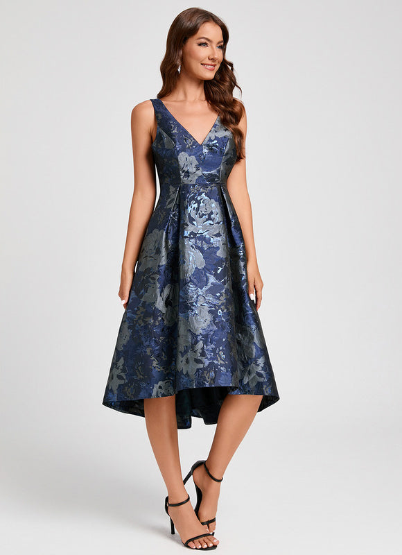 Robe Asymétrique Florale Satinée Bleu - gallery 3