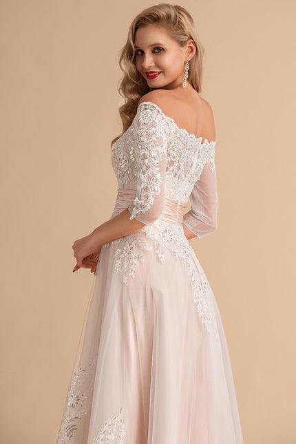 Robe Asymétrique Dentelle Rose Pâle - gallery 1