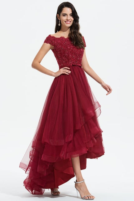 Robe Asymétrique Bordeaux En Tulle - gallery 1