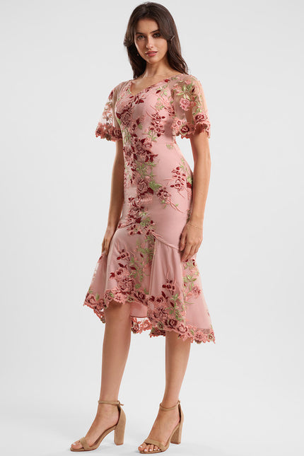 Robe Asymétrique Rose Brodée - gallery 1