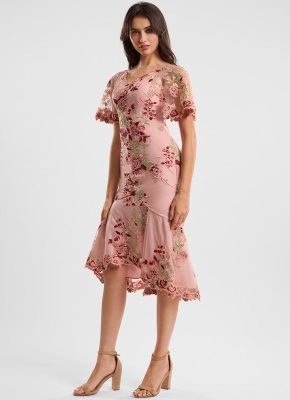 Robe Asymétrique Rose Brodée - gallery 1