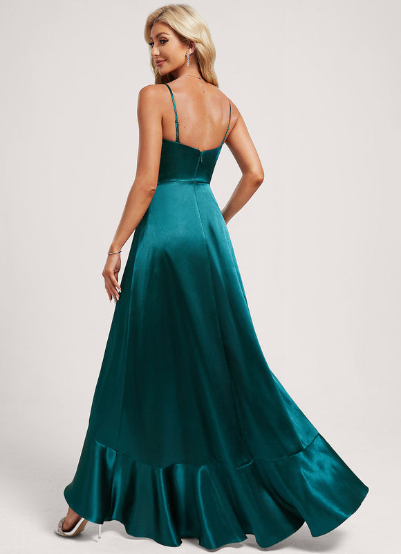 Robe Asymétrique Satin Bleu Volants - gallery 5