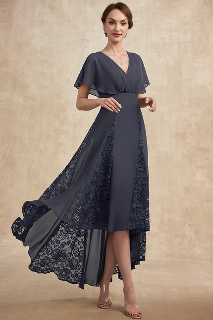 Robe Asymétrique Mère Mariée Dentelle Bleu