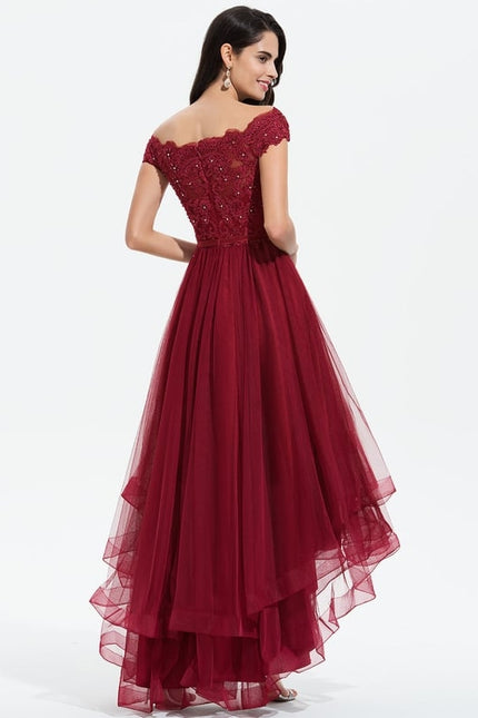 Robe Asymétrique Bordeaux En Tulle - gallery 3