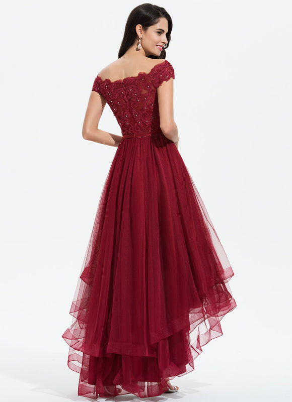 Robe Asymétrique Tulle Volants Bordeaux - gallery 3