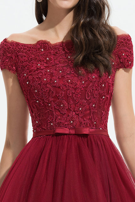 Robe Asymétrique Bordeaux En Tulle - gallery 4