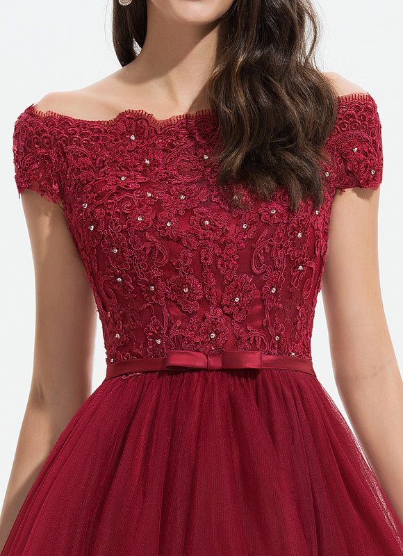Robe Asymétrique Bordeaux En Tulle - gallery 4