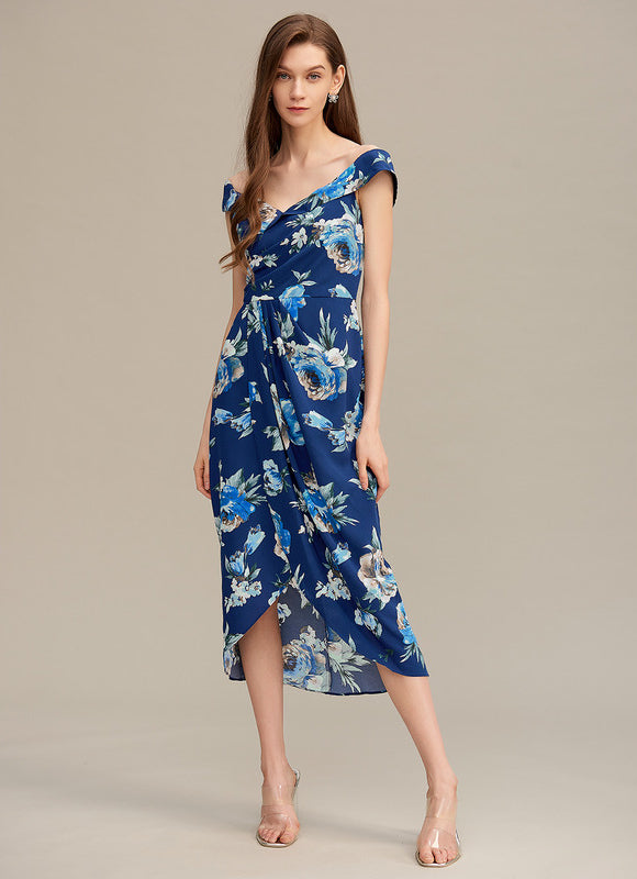 Robe Asymétrique Florale Marine - gallery 2