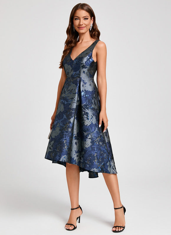 Robe Asymétrique Florale Satinée Bleu