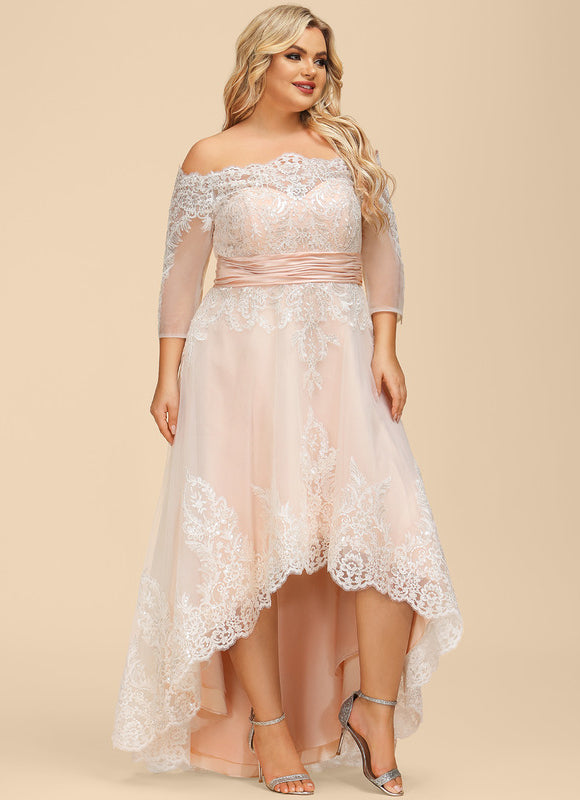 Robe Asymétrique Dentelle Rose Pâle - gallery 8