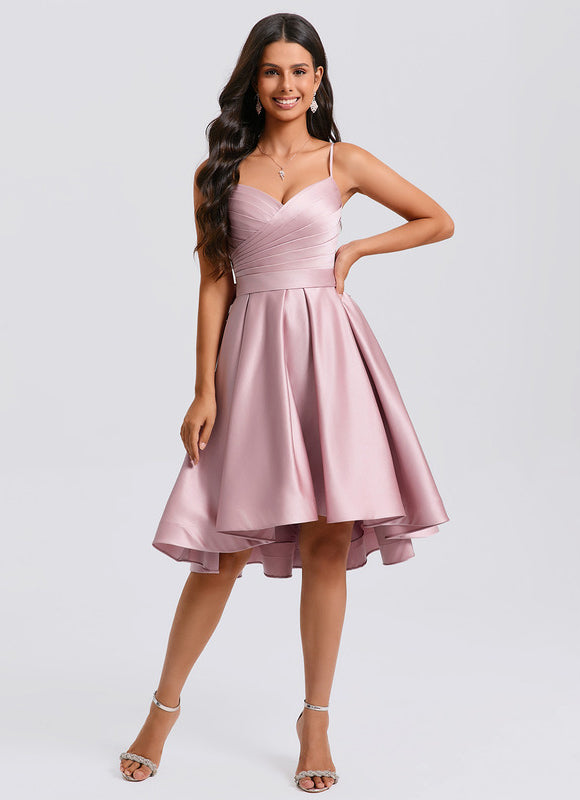 Robe Asymétrique Satin Rose Cintrée - gallery 2
