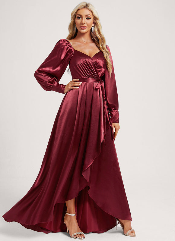 Robe Asymétrique Satin Bleu Volants