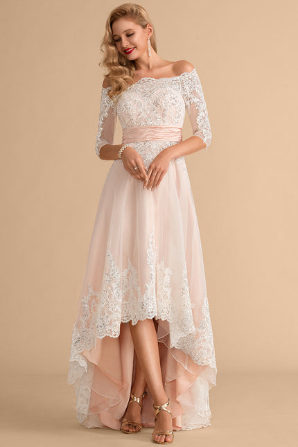 Robe Asymétrique Dentelle Rose Pâle - gallery 4